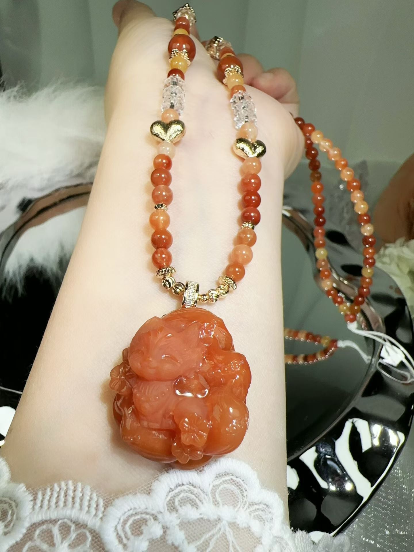 Red rabbit hair rutile quartz fox pendant with chain