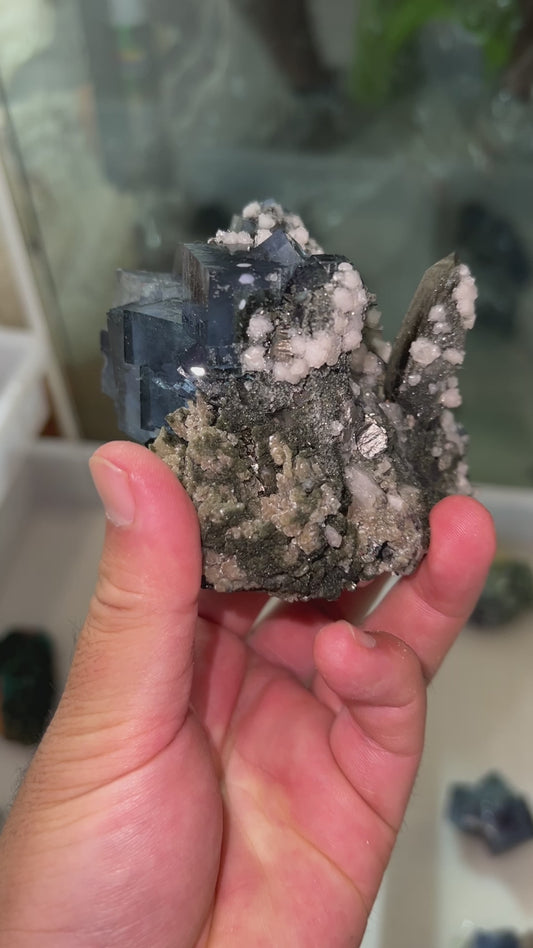 Top quality cubic blue fluorite with Smokey quartz & white quartz